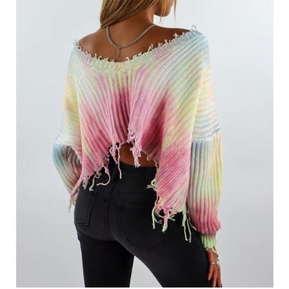 Skylar + Madison Tie Dye Distressed Crop Sweater Medium Reversible Fringe Grunge - Picture 6 of 16
